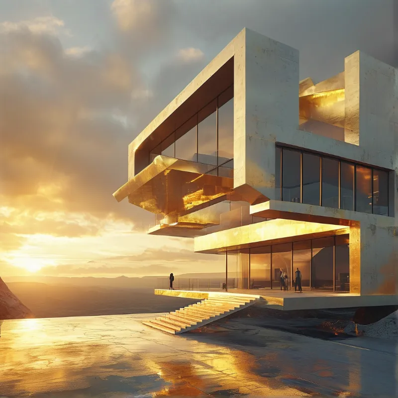 A white concrete building with glass panels rests on a cliff edge as the sun sets over the horizon below.