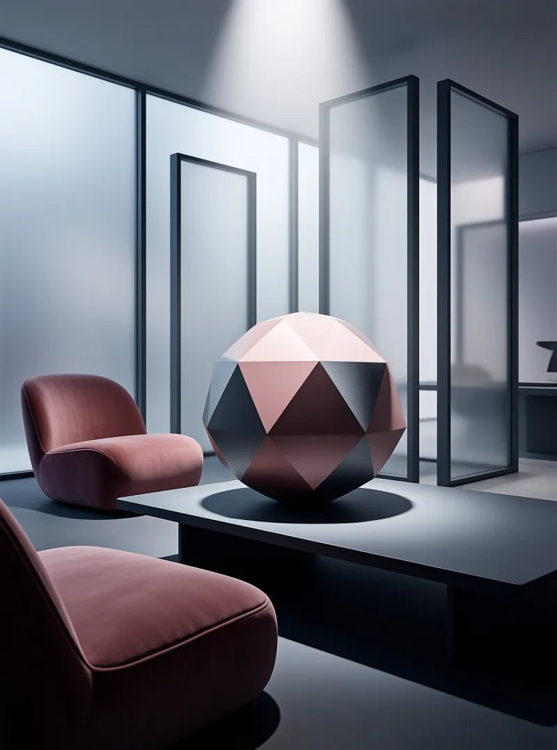 a faceted polyhedron with blush and charcoal facets rests on a black table in a modern room with frosted glass panels