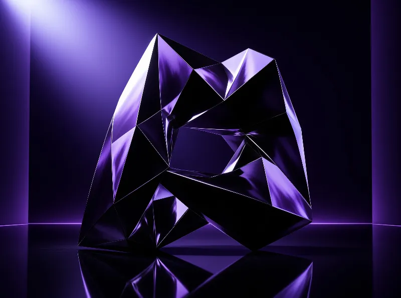 A shiny faceted purple gemstone rests on a reflective floor beneath glowing violet lights.