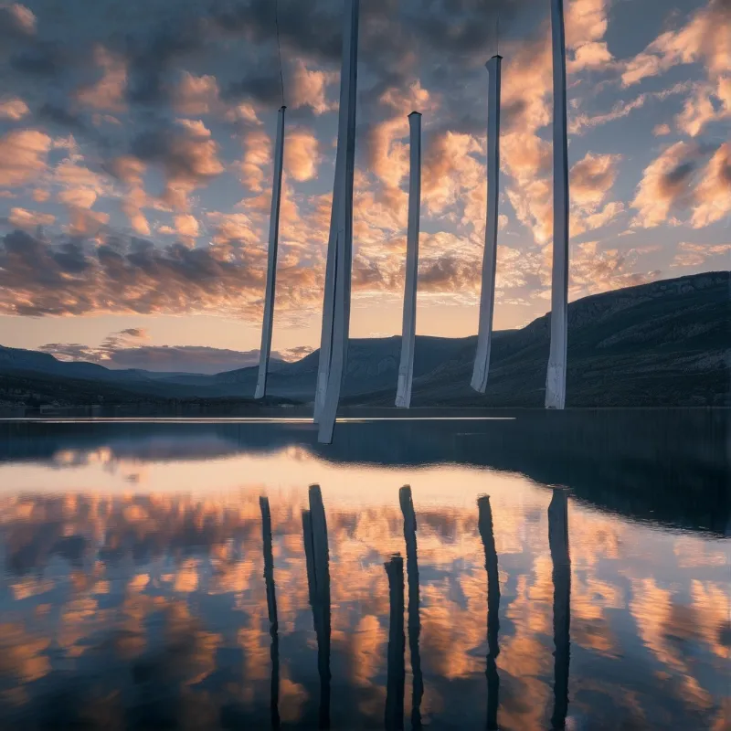 Five tall white structures rise from calm water, mirroring the orange sunset clouds and distant mountain range.