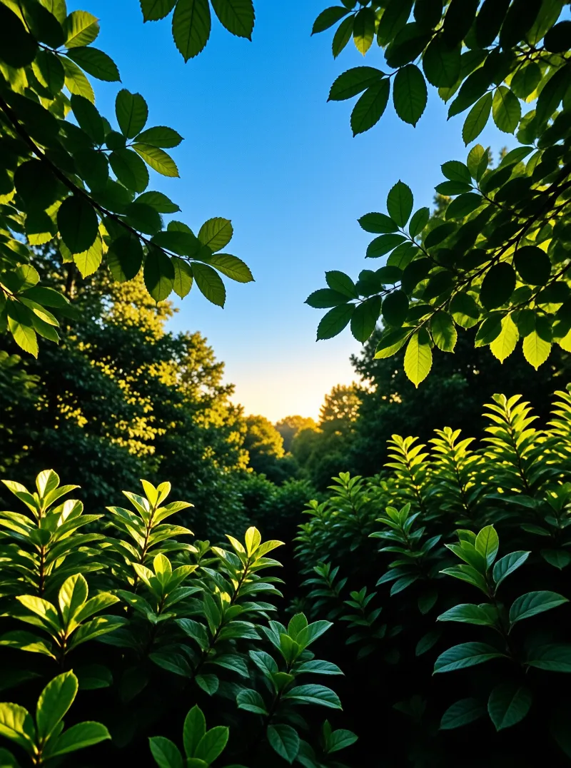 Backlit branches of toothed green leaves form a natural arch around a blue sky warming toward the setting sun