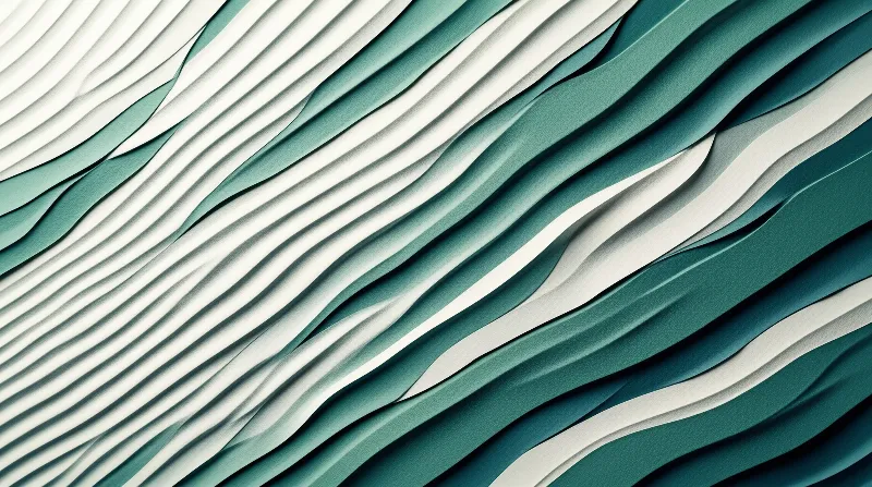 Curved teal and white paper layers form diagonal waves, with soft shadows adding depth to the monochrome abstract artwork.