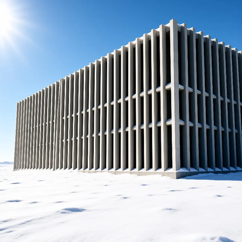 Long concrete facade with vertical columns stands isolated in a snow-covered field under clear blue sky.