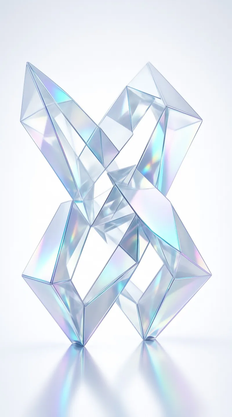 Faceted glass X standing upright on a white surface with iridescent rainbow reflections across its transparent facets