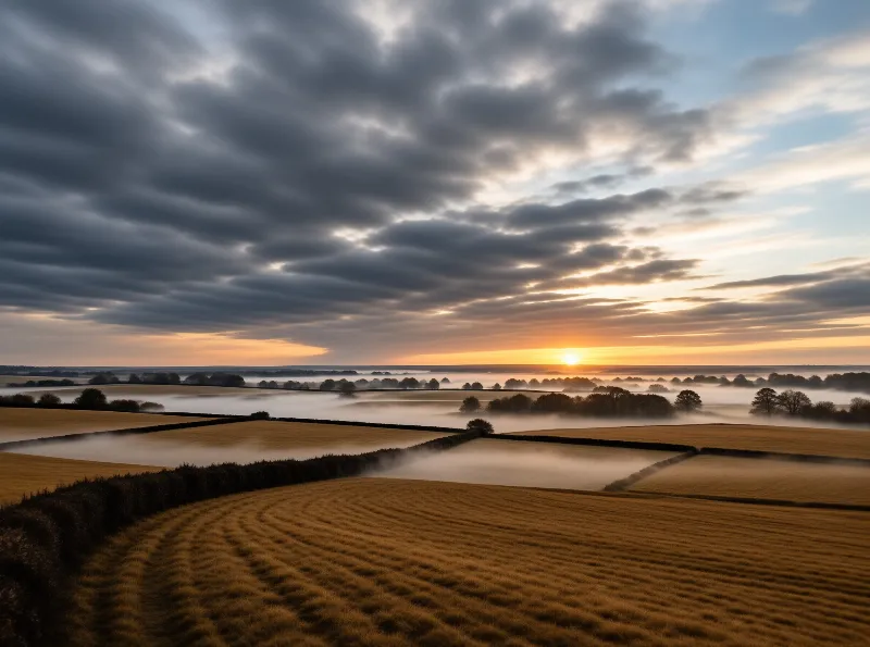 Misty Farmland Sunrise