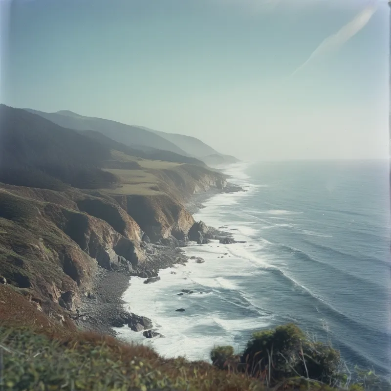A rugged coastline features steep grassy hills meeting the blue sea as white surf rolls onto the shore under a soft hazy sky.
