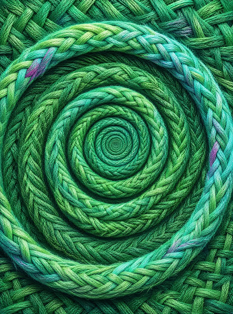 A close-up of a spiral braided pattern made from threads in various green tones, including teal and lime, with subtle purple and pink highlights