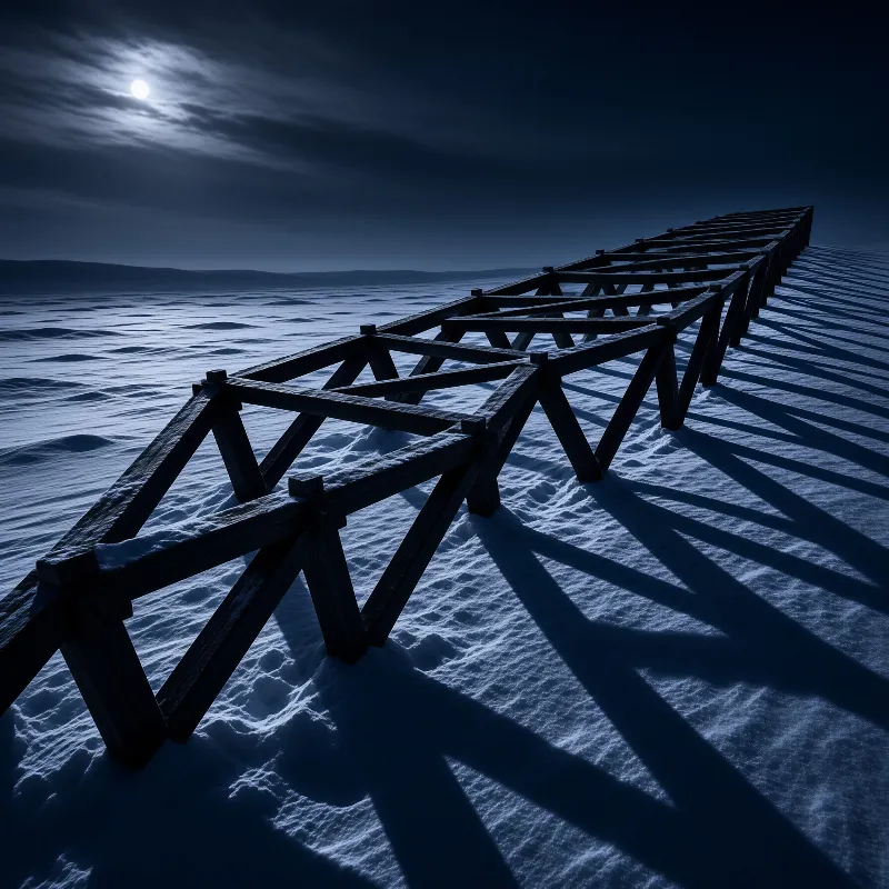 An old wooden pier framework stretches across blue night snow, casting long lattice shadows under a low winter moon.