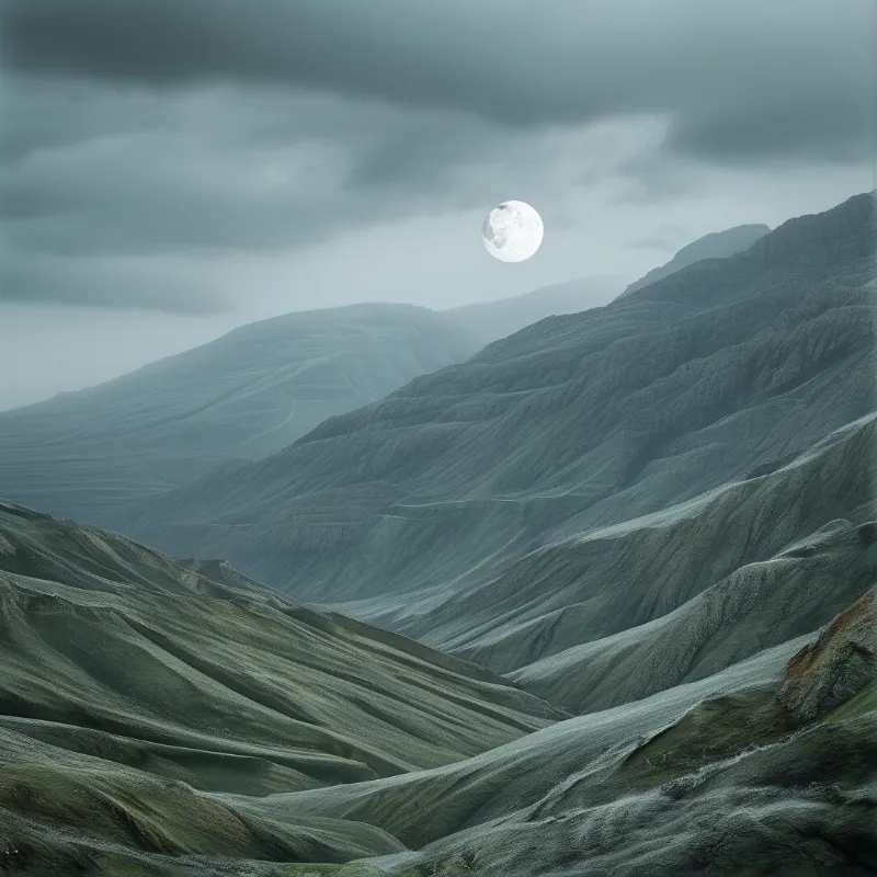 A landscape view of striated hills beneath a full moon and overcast grey clouds.