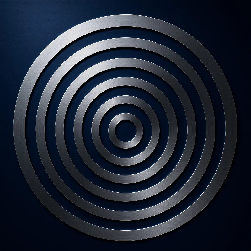 Polished metal bands of decreasing size nest inside one another against a dark blue background with soft highlights.
