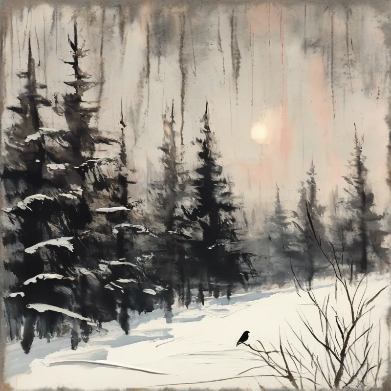 A painting shows a snowy forest with dark evergreen trees and a faint sun glowing through the distant mist.