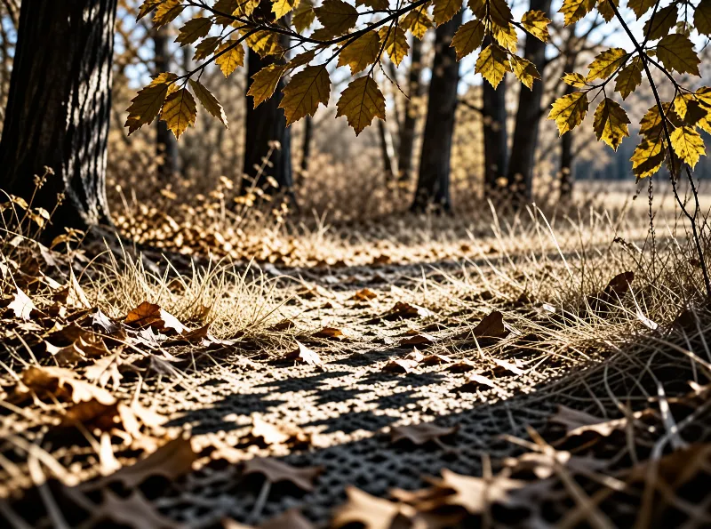 A dirt trail winds through a woodland area where yellow leaves hang from branches above dry grass and shadows.