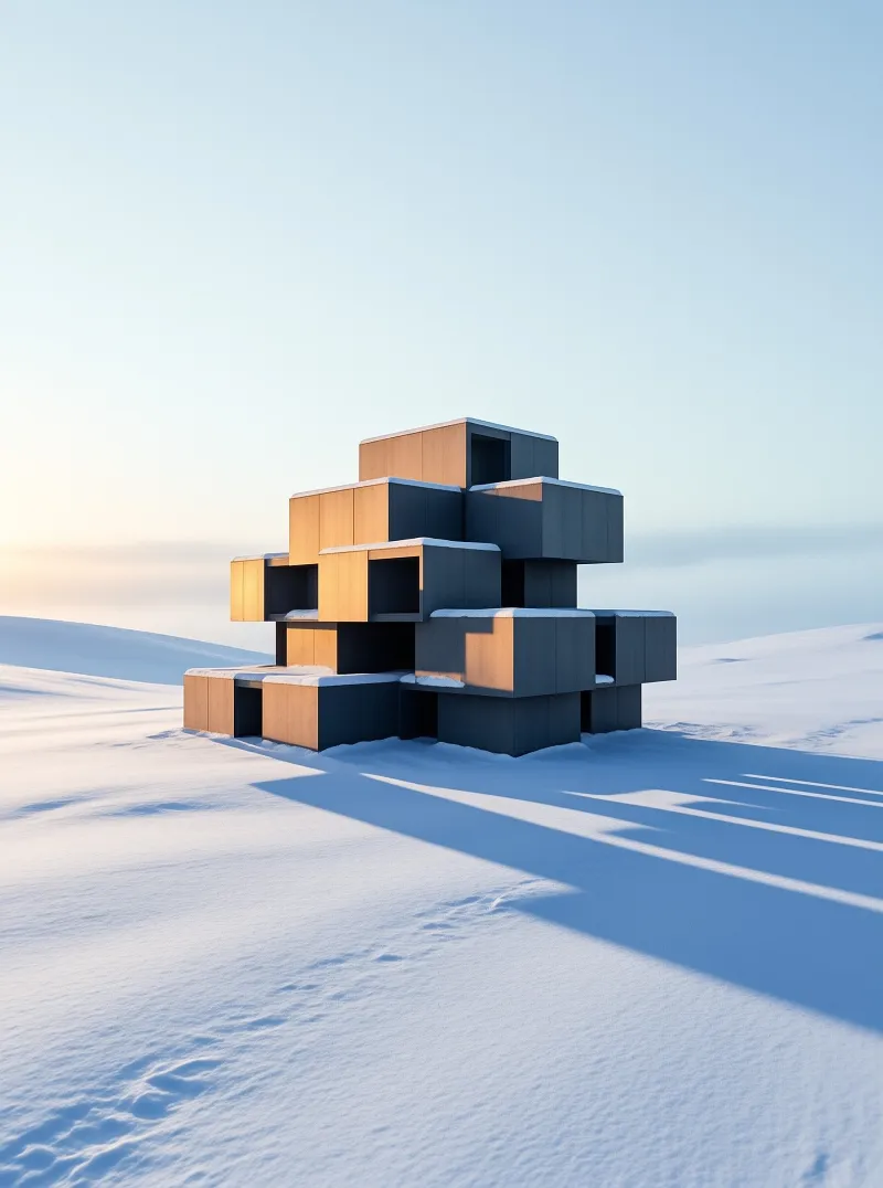 A stack of dark rectangular volumes bearing thin snow casts long shadows across a pale winter plain.