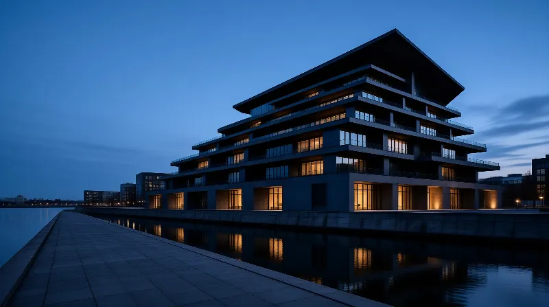 A large modern building with warm interior lights stands beside a calm reflecting pool during the blue hour of twilight.