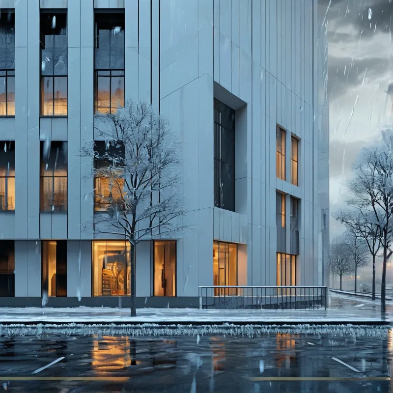 A contemporary structure glows from within against a backdrop of falling precipitation and snow-dusted trees.
