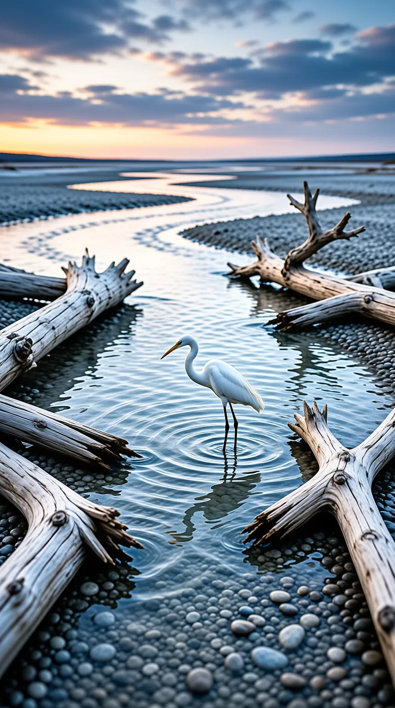 A white egret wades through shallow pebbly water framed by bleached driftwood as warm sunset light glows on rippling surface.