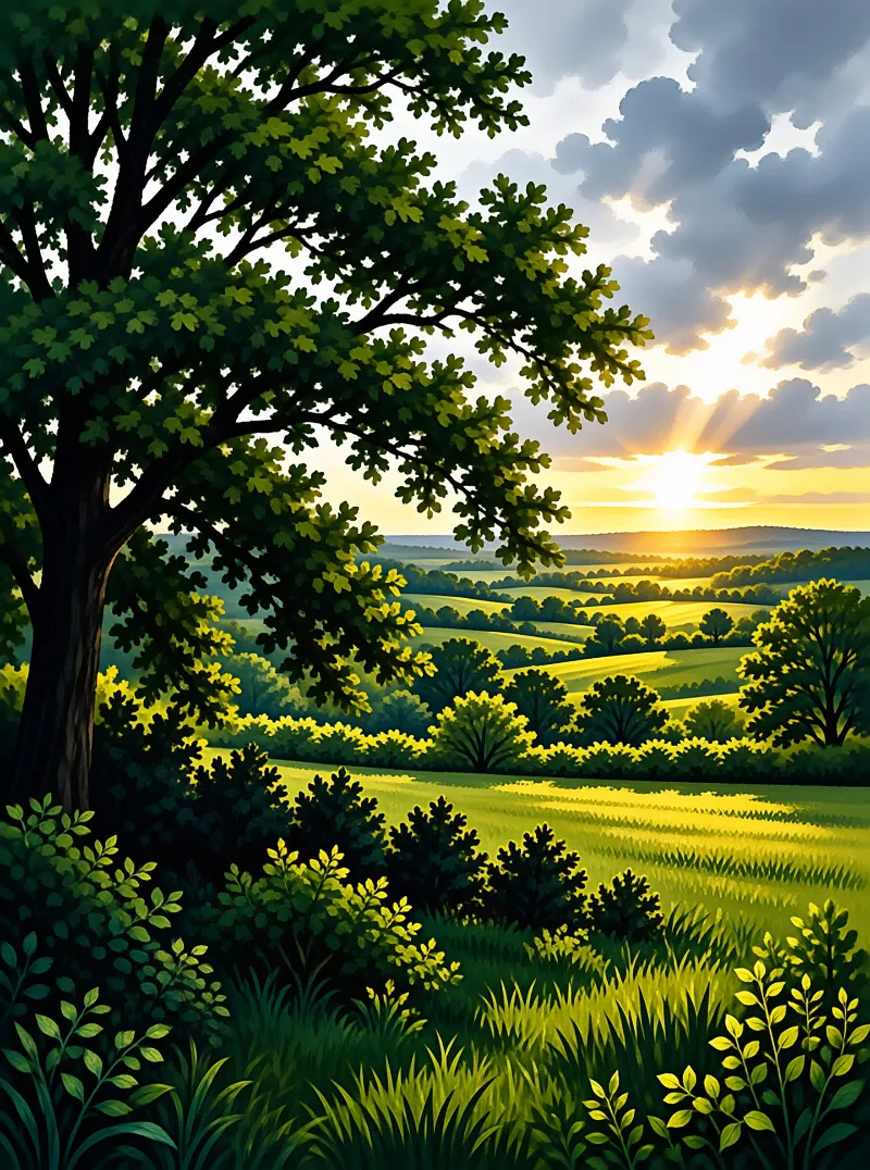 A broad leafed tree frames golden fields and hedgerows that roll toward distant hills under breaking clouds.