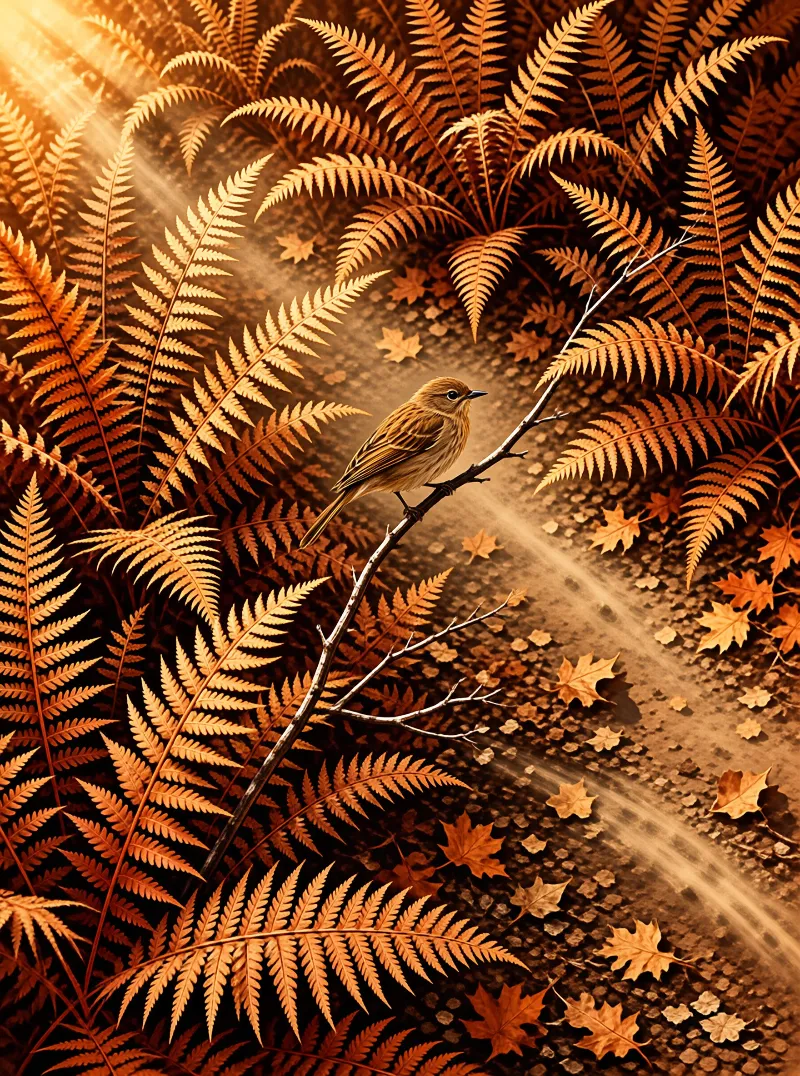A small brown bird perches on a bare branch amid warm orange ferns and fallen maple leaves in golden sunlight.