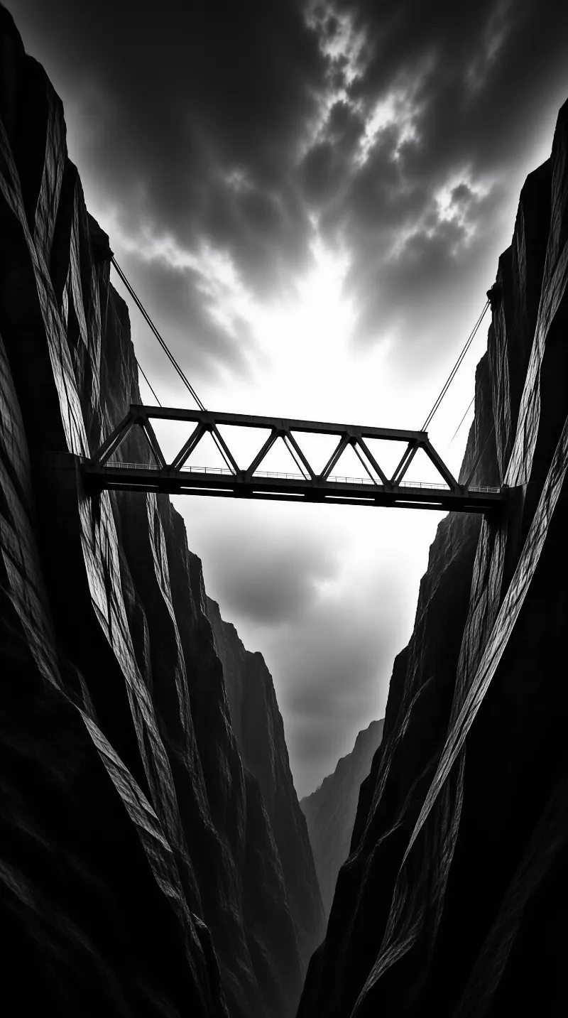 A slender metal footbridge crosses a deep chasm between dark cliffs under a bright storm sky.