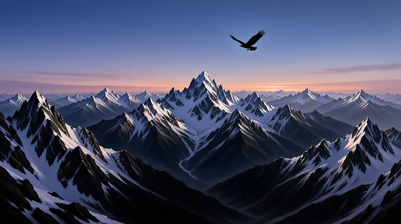 A dark bird silhouette soars high above sharp snow capped mountains against a blue and pink horizon sky.