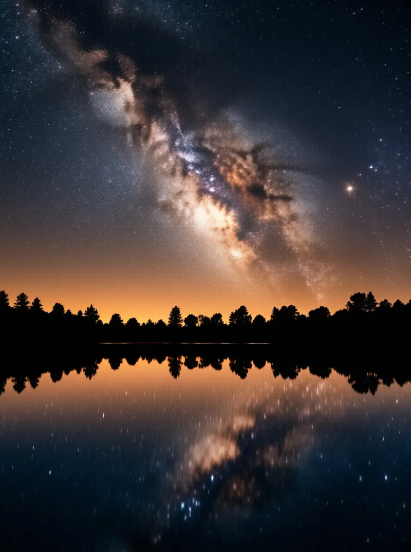 A bright band of the Milky Way stretches across a starry night sky above a silhouetted treeline and calm lake water.
