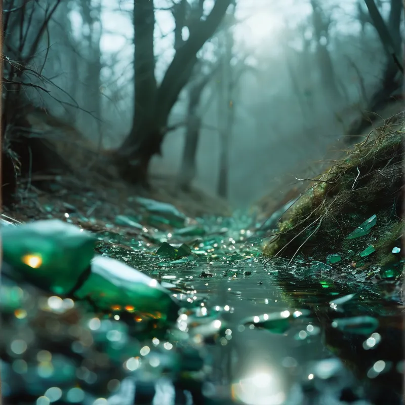 Scattered emerald bottle glass glints in a shallow woodland stream as pale sunbeams filter through foggy bare trees.