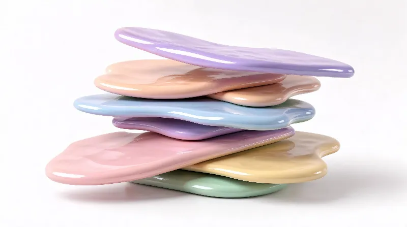 A stack of smooth, glossy pastel-colored fluid-shaped plates arranged in a delicate balance on a clean white background