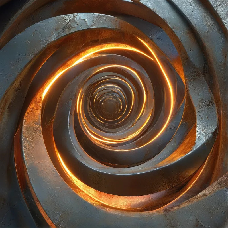 A view down a spiral corridor featuring textured walls illuminated by bright orange light strips.