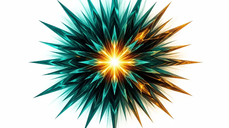Jagged teal and amber crystal points extend outward from a glowing white core in a radial design.