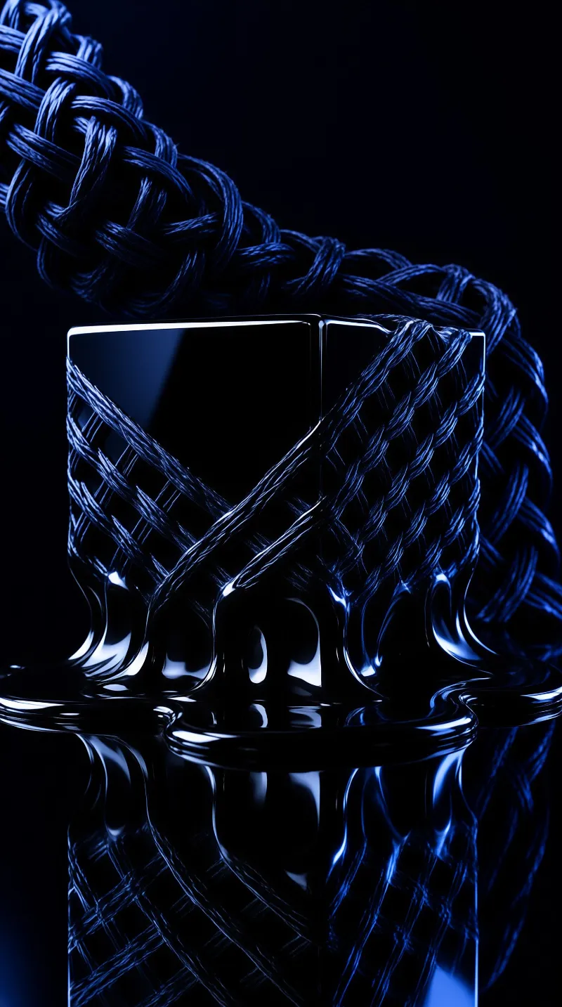 A glossy dark cube melts into a reflective pool while a thick navy braided cord wraps and drapes across its faces.