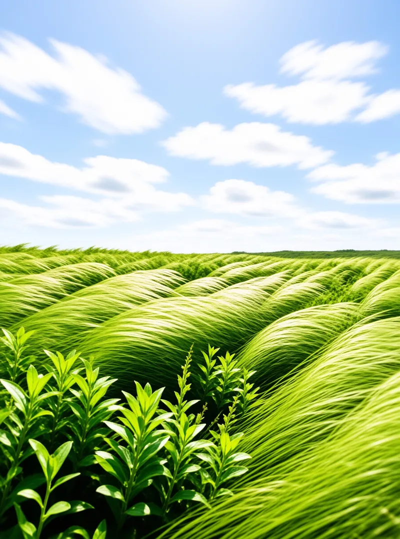Green grassy mounds ripple across a field with broad leaves in the foreground under a bright blue sky with clouds.