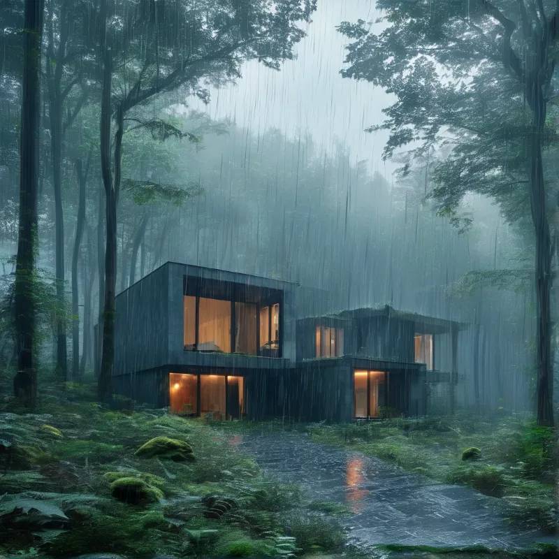 A dark modern cabin with warm glowing windows sits in a misty forest during heavy rain