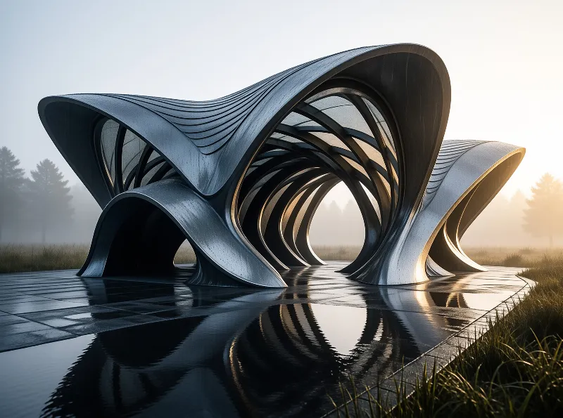 A curved metallic sculpture with layered ribbing stands in a foggy landscape with a reflection on the wet ground.