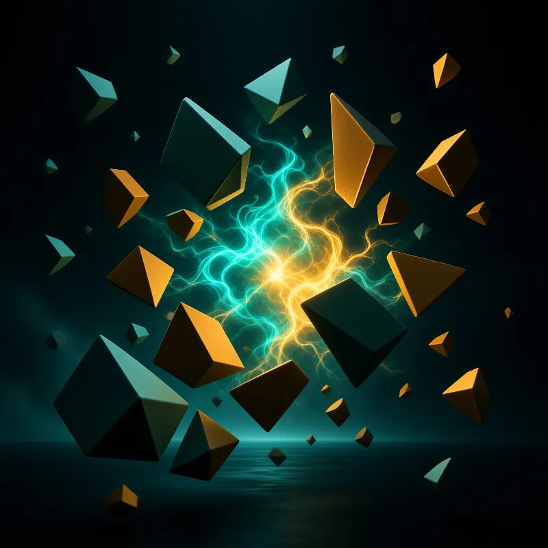 Teal and gold geometric cubes float around a glowing center of blue and orange energy filaments.
