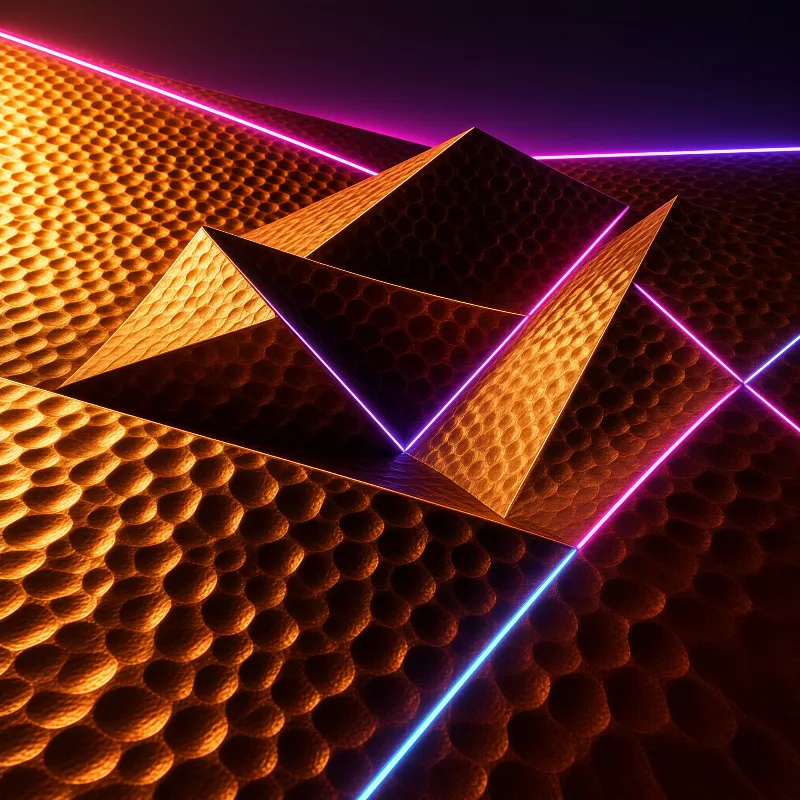 Geometric metal shapes with dimpled texture are outlined by bright pink and blue neon lights against a dark background.