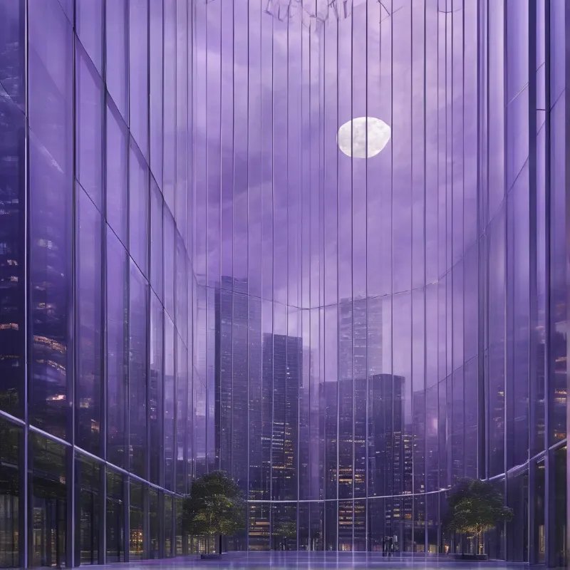 A full moon glows inside a curved atrium of purple mirrored skyscrapers above a calm reflective plaza.