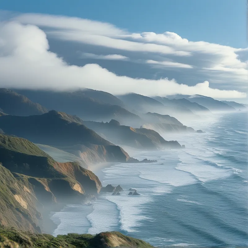 Layered green hills meet the sea as low white clouds float across the horizon and blue water waves.
