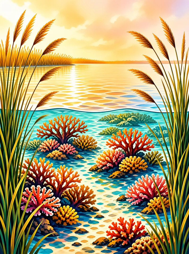 Tall reeds border a shallow shoreline where colorful coral-like plants grow under a warm golden sunset sky.