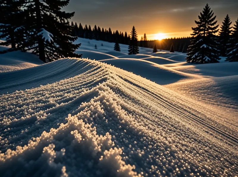 Close-up of granular snow with parallel ridges catching the low golden light of a setting sun behind dark evergreen trees.
