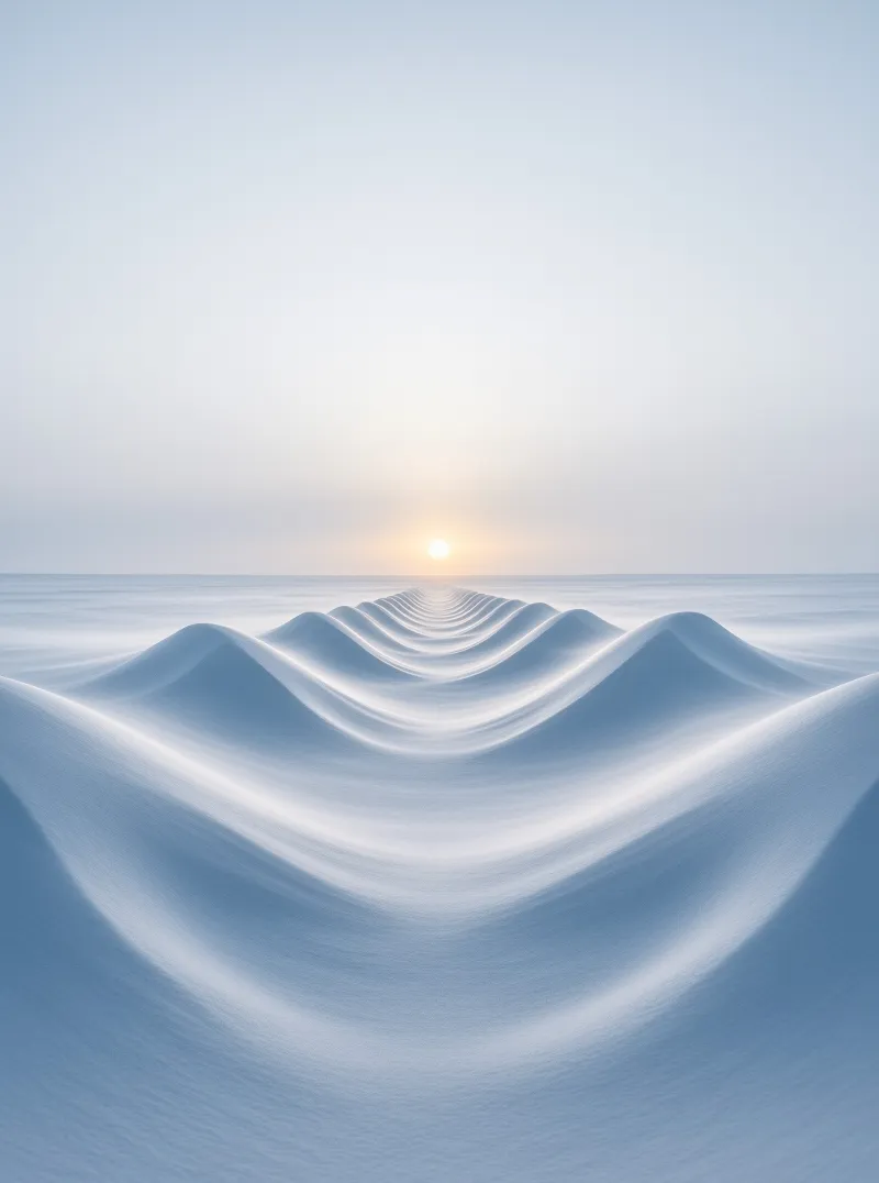 Smooth blue sand dunes form a symmetrical path leading the eye toward a bright glowing sun on the distant horizon.