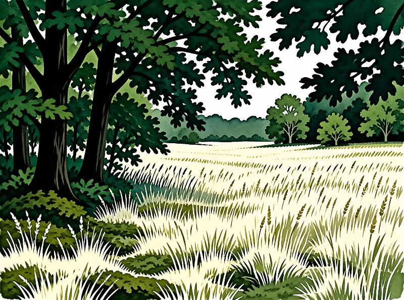 Dark oak trees border a golden wheat field stretching toward distant green hills under soft daylight