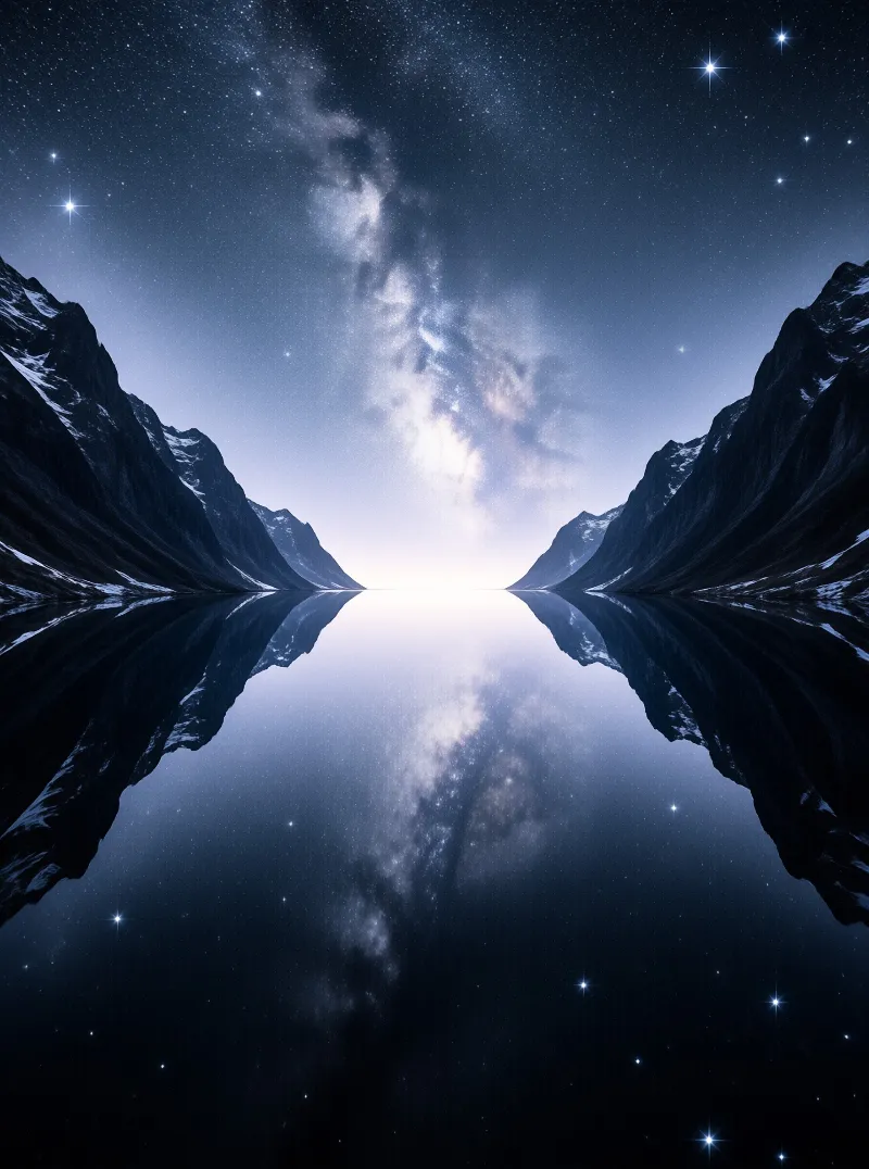 The Milky Way arches over a narrow mountain gorge whose dark slopes and scattered stars are doubled in perfectly still water