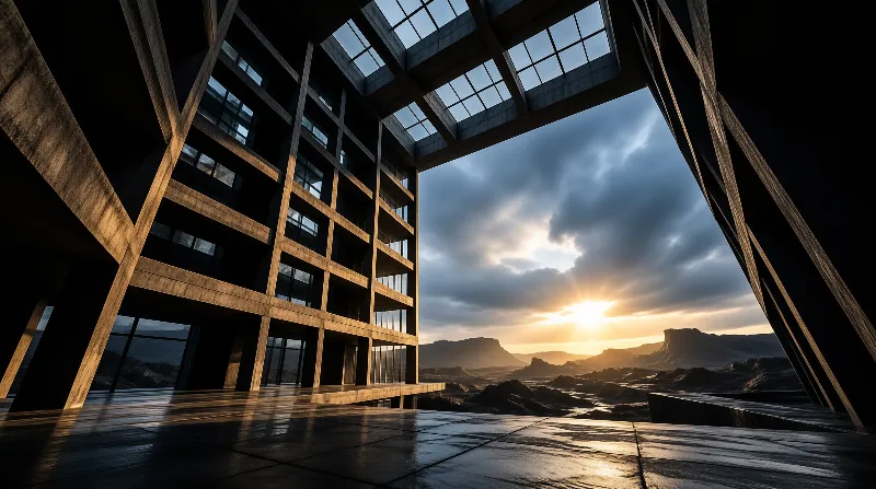 A massive unfinished concrete grid building stands against a cloudy sky above rugged mountains during a bright sunset.