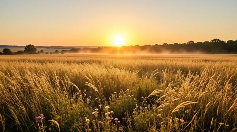 Tall golden grasses fill the foreground as morning mist drifts over distant trees beneath a bright rising sun.