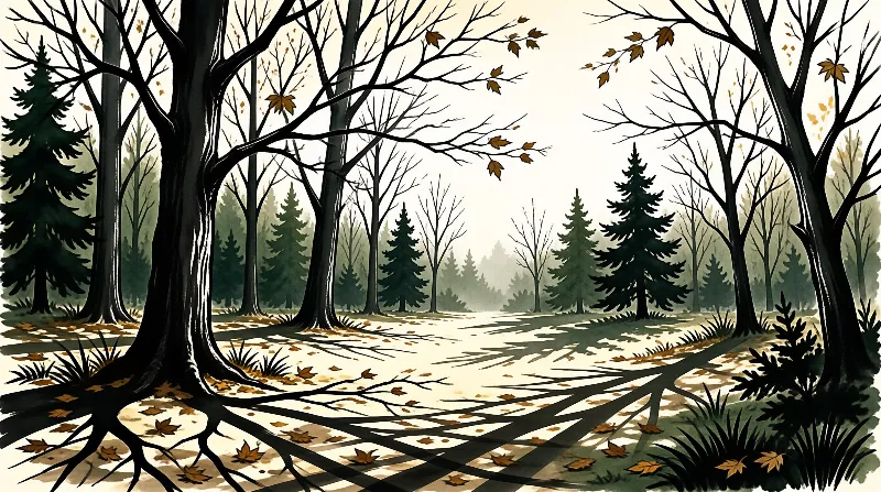 Fallen orange leaves dot a bright clearing between black tree trunks in a serene woodland illustration.