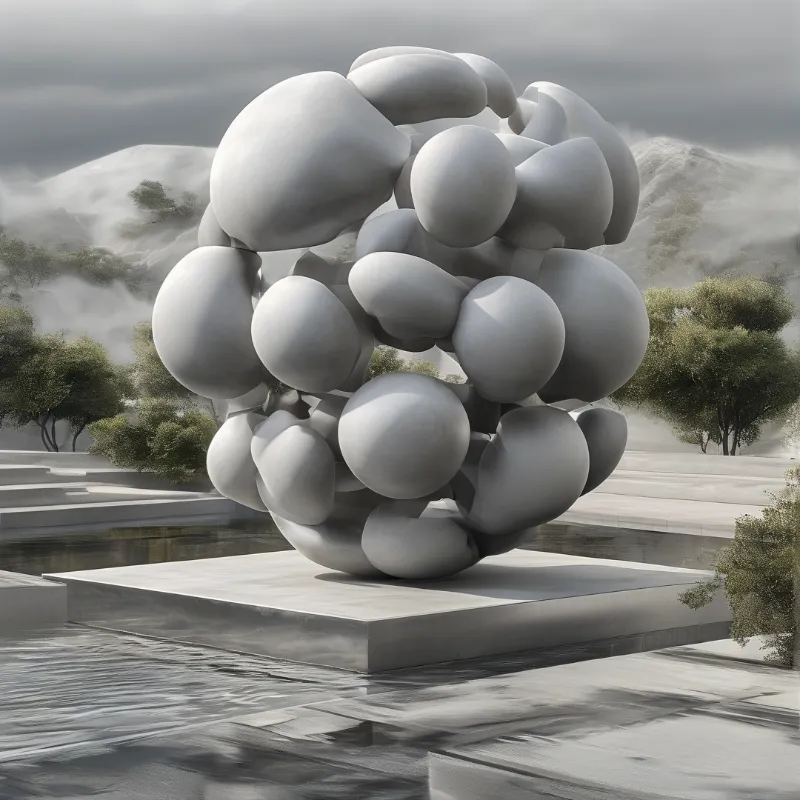 White organic forms cluster on a stone plinth surrounded by reflective water and misty hills.