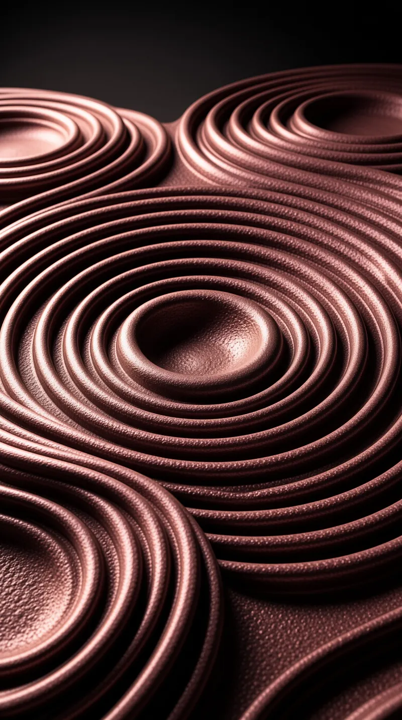 Concentric ridges of brushed rose-gold metal undulate into bowl-shaped hollows under soft directional studio lighting