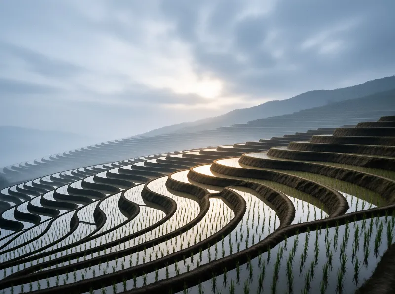Curved water-filled rice terraces reflect a cloudy sky while surrounded by foggy mountain ridges.