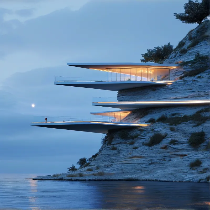 A modern glass house with warm lit rooms cantilevers from a layered rock cliff above dark still water.