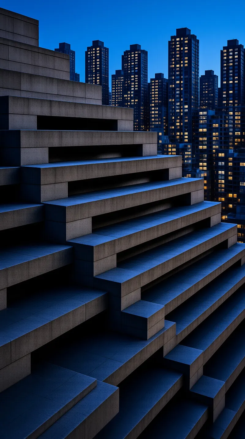 Dark tiered concrete steps dominate the foreground while illuminated skyscrapers glow against the deep blue twilight sky.